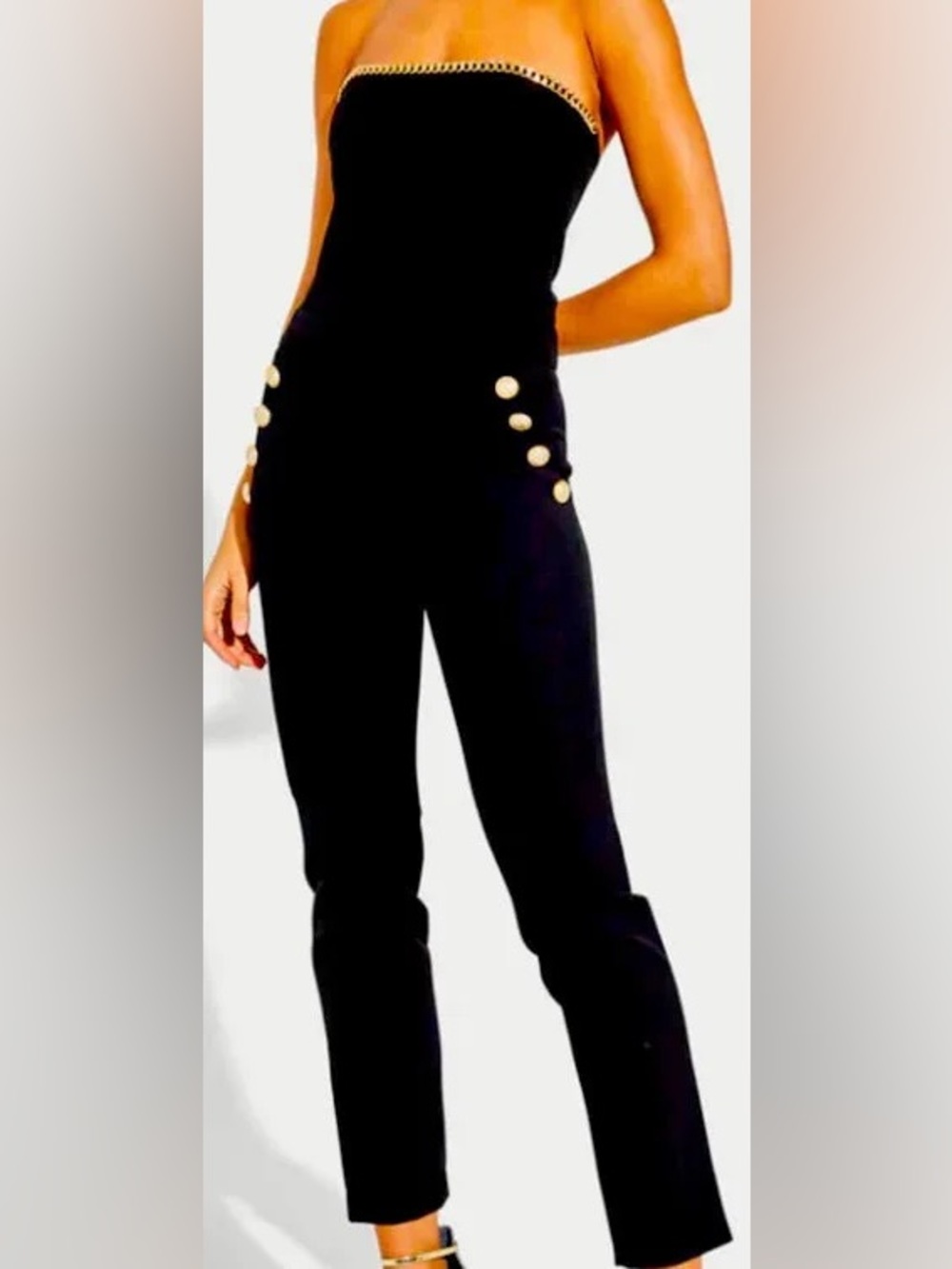 Generation Love Black Strapless Jumpsuit with Gold Button Accents
